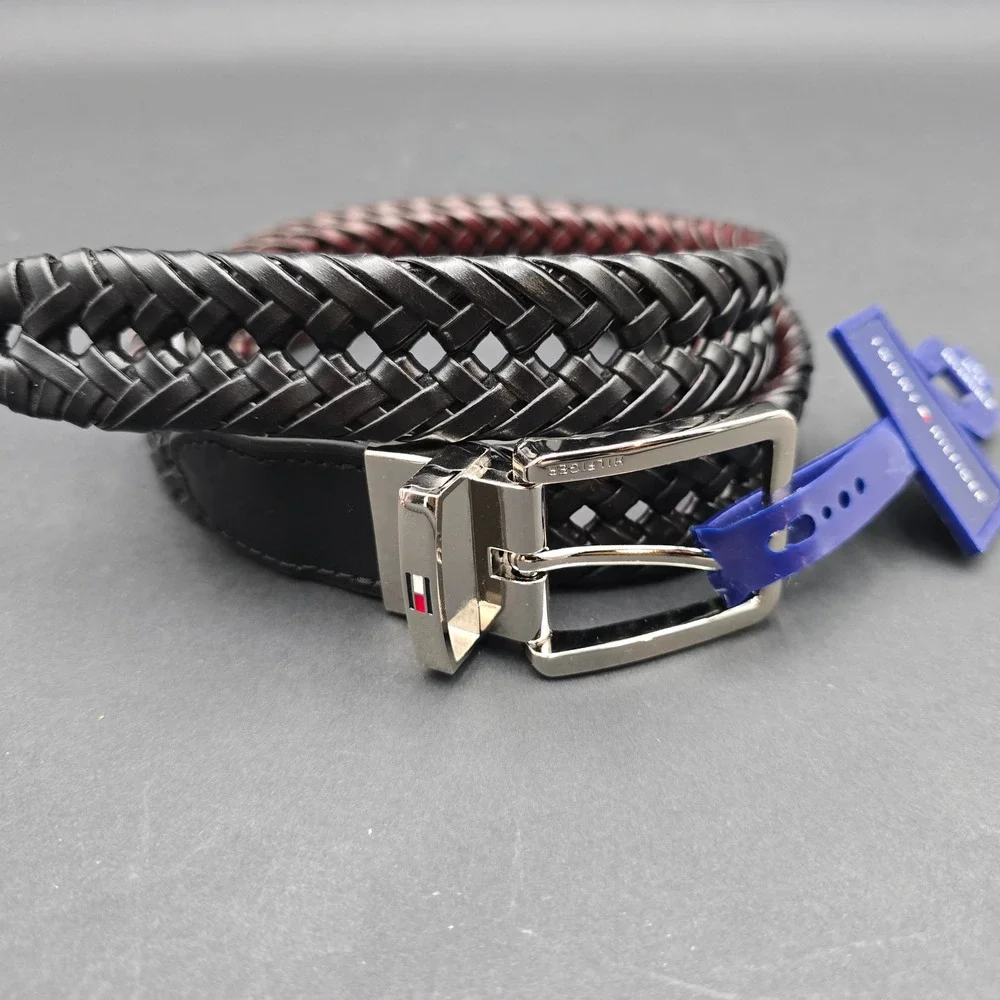 Tommy Hilfiger Mens Reversible Woven Belt Black Brown Leather Trim 11TL040002 SM